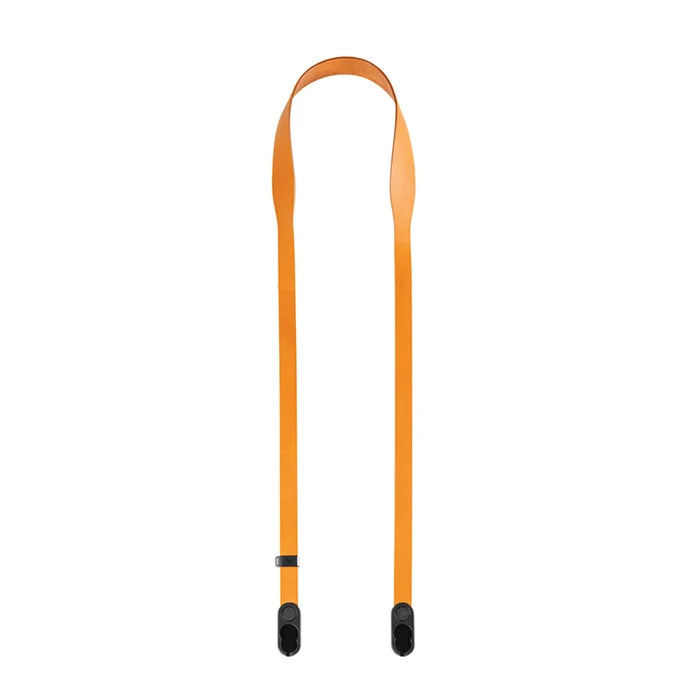 Bright orange adjustable camera strap with black plastic tips, shown vertically on a plain white background.