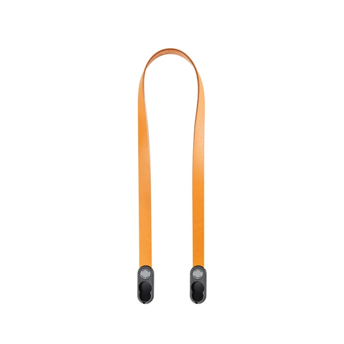 An orange adjustable strap with black plastic toggle ends, shown vertically on a plain white background.