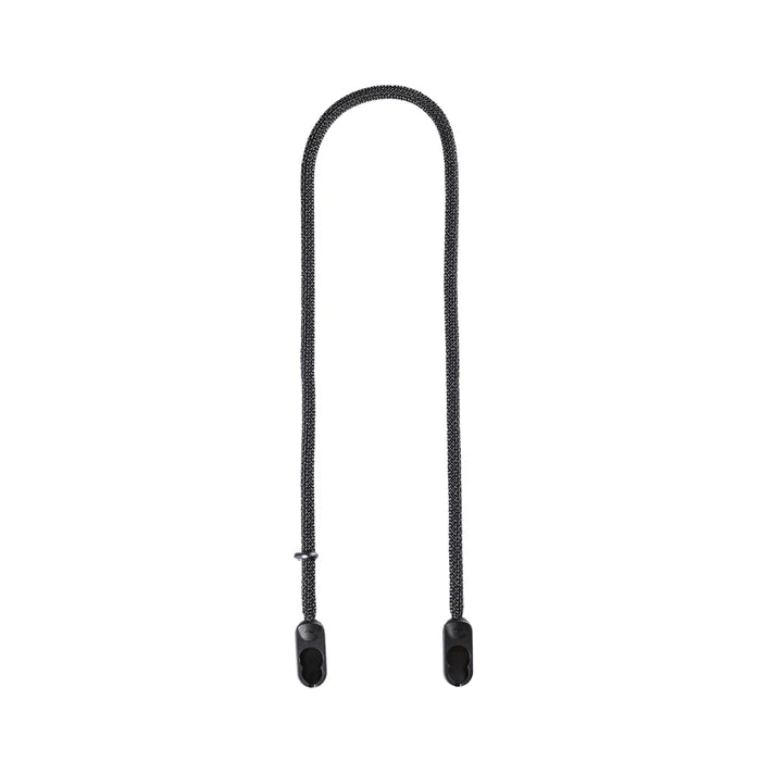 A black braided strap with two black plastic end caps, shown vertically on a plain white background.