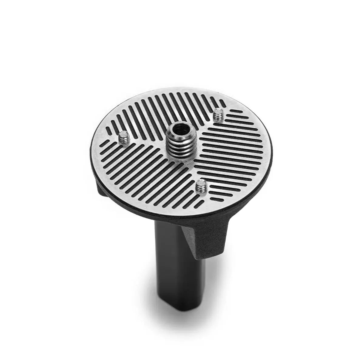 Metallic shower drain cover on a white background