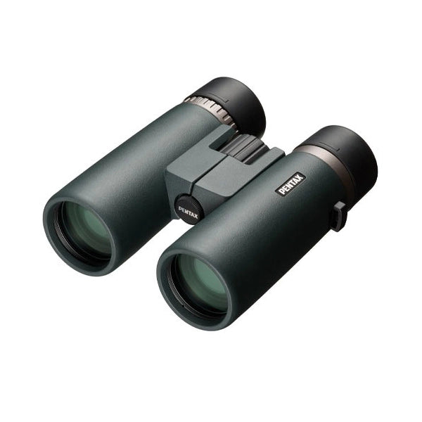 Green binoculars with a Pentax logo on a white background