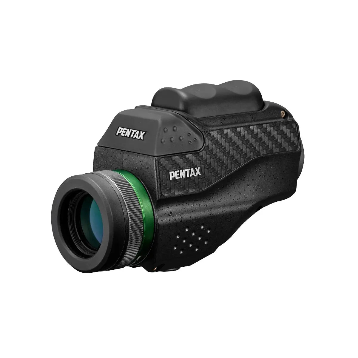 A black Pentax VM 6x21 WP monocular with visible brand markings and green accents on the lens.