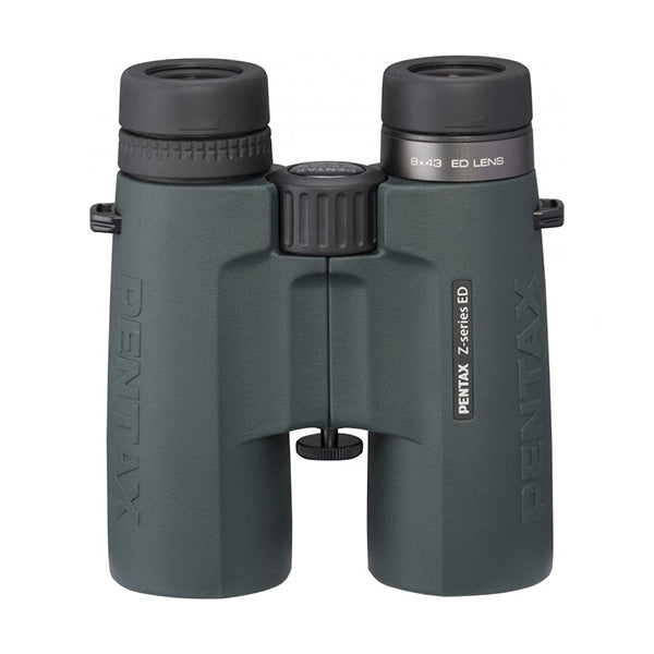 A pair of Pentax ZD 8x43 ED Binoculars with black rubberized armor, gray lenses, and branding visible on the exterior.