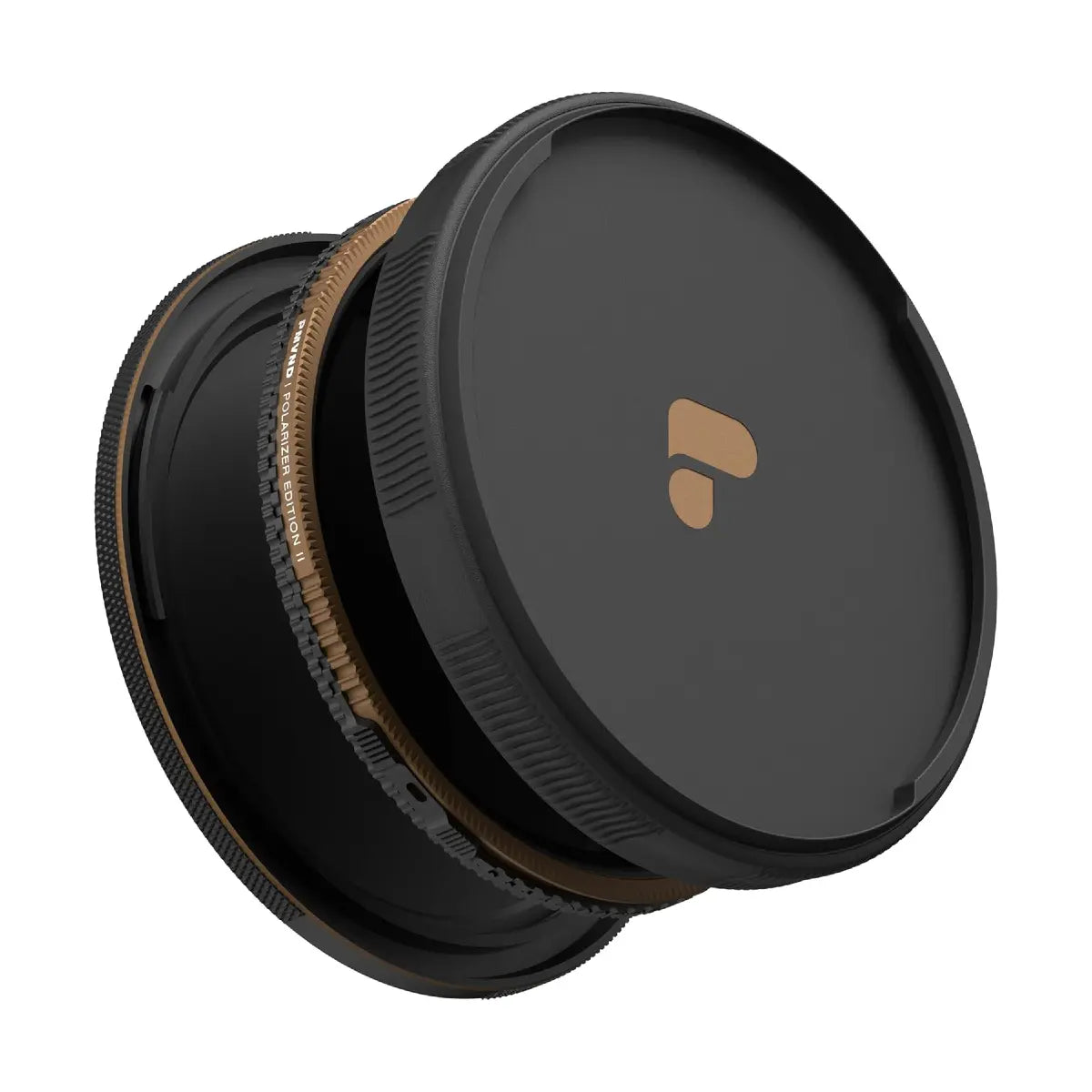 Black camera lens cap with a brand logo on a white background