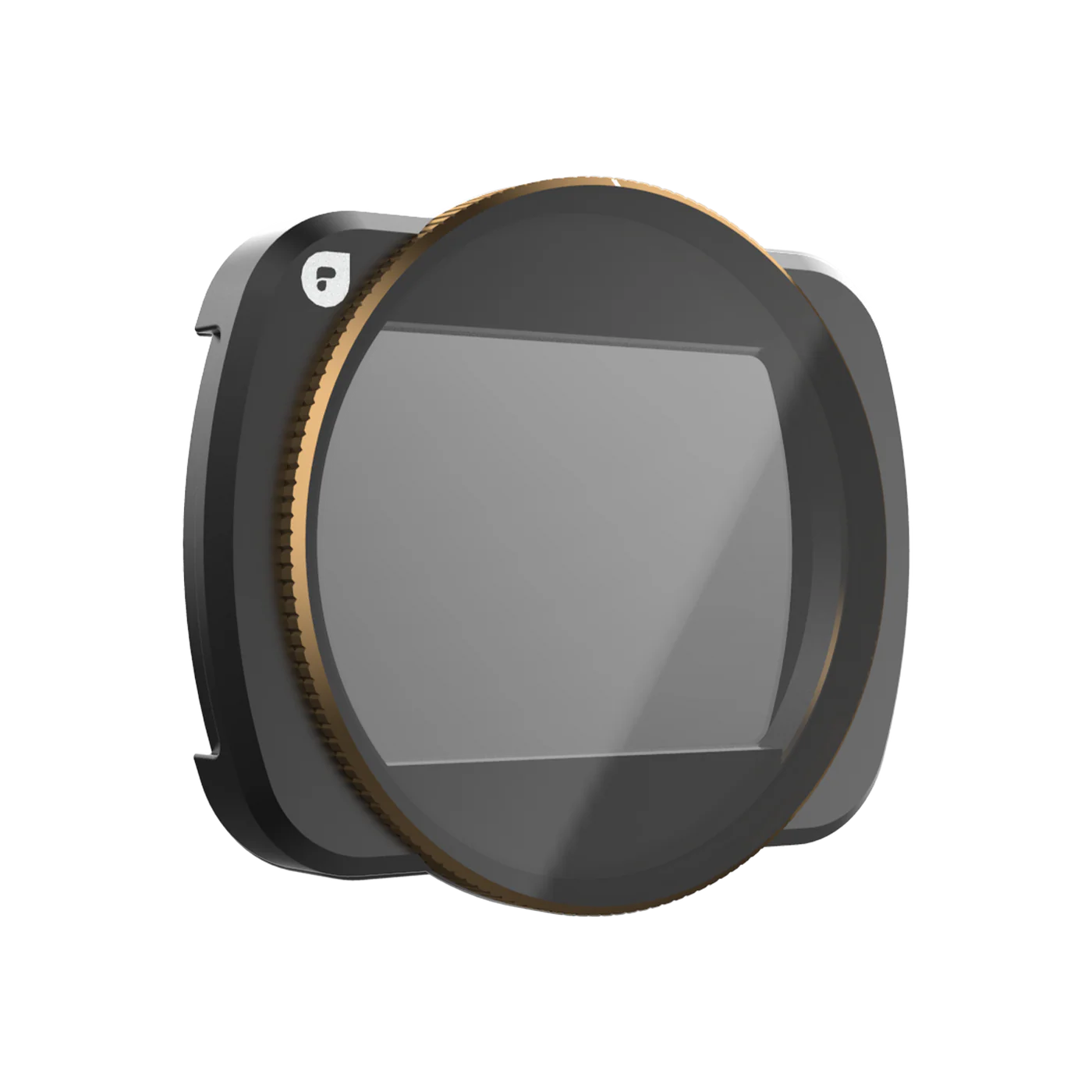 Camera lens filter with metallic rim on a white background