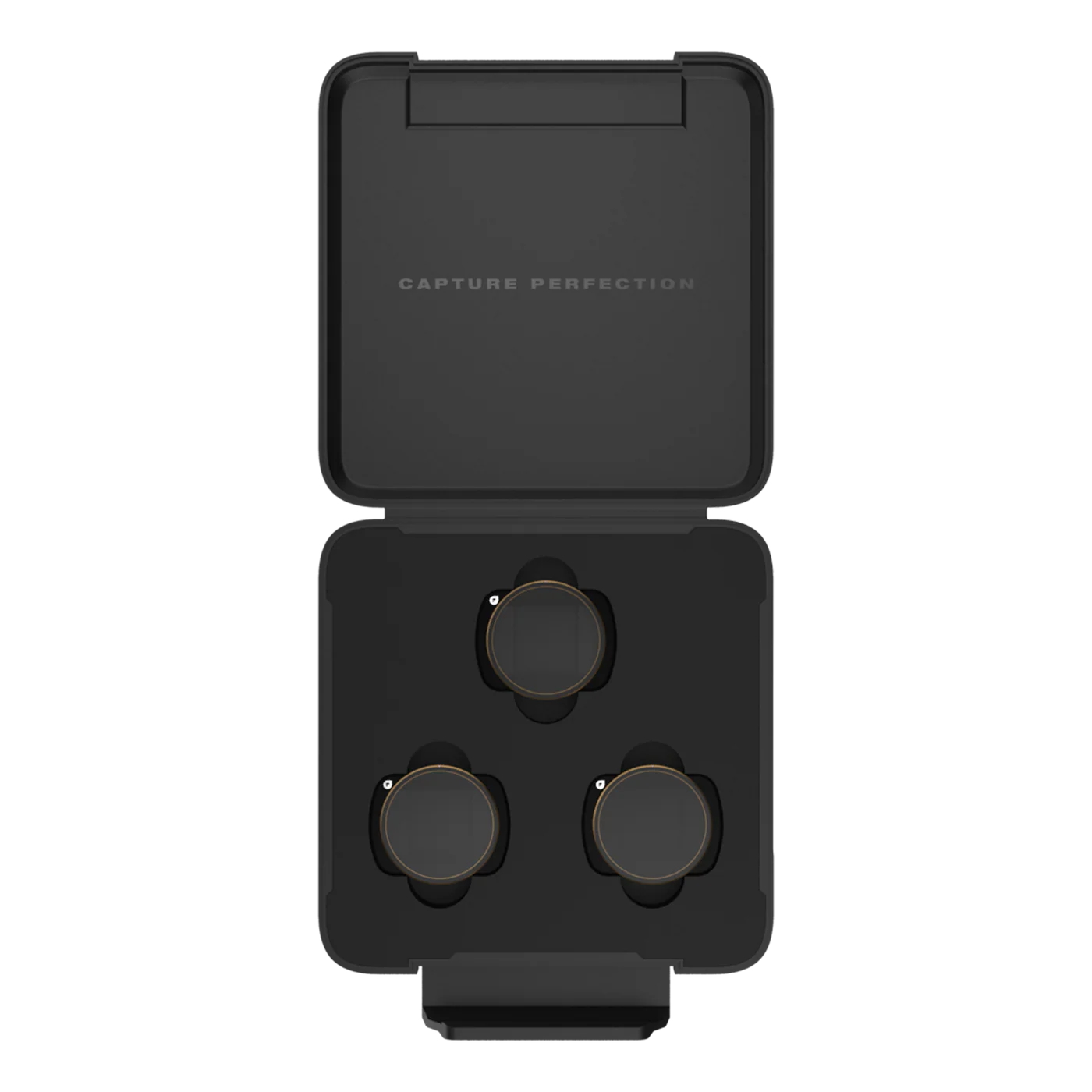 Black camera lens filter set with 'Capture Perfection' branding on a white background