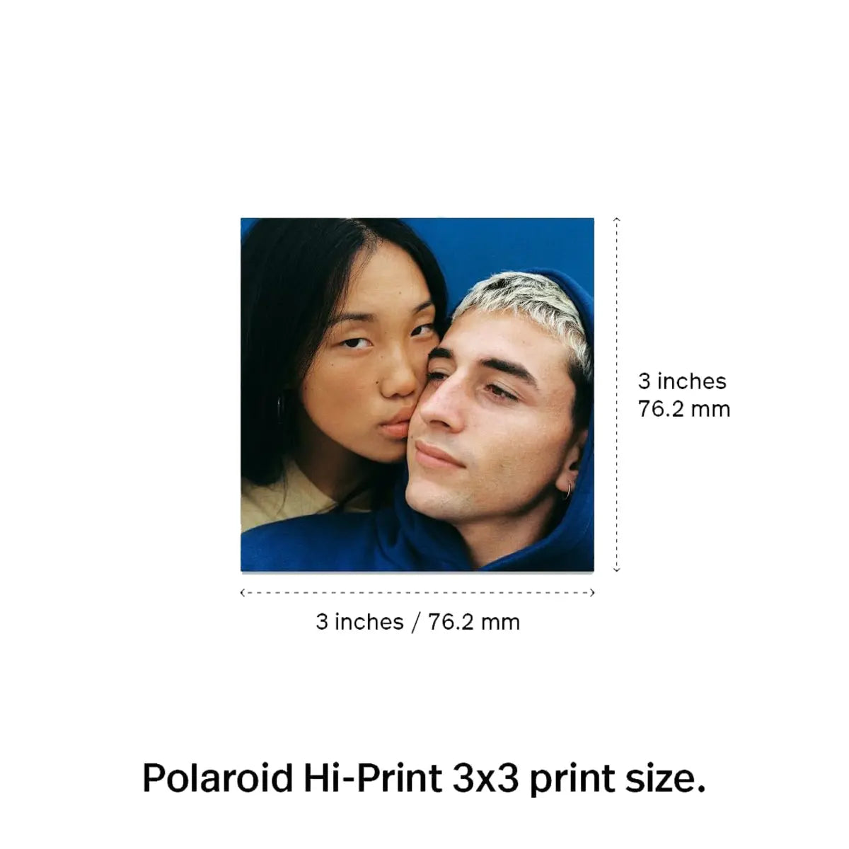 Polaroid Hi-Print 3x3 print size with a photo of two people embracing.