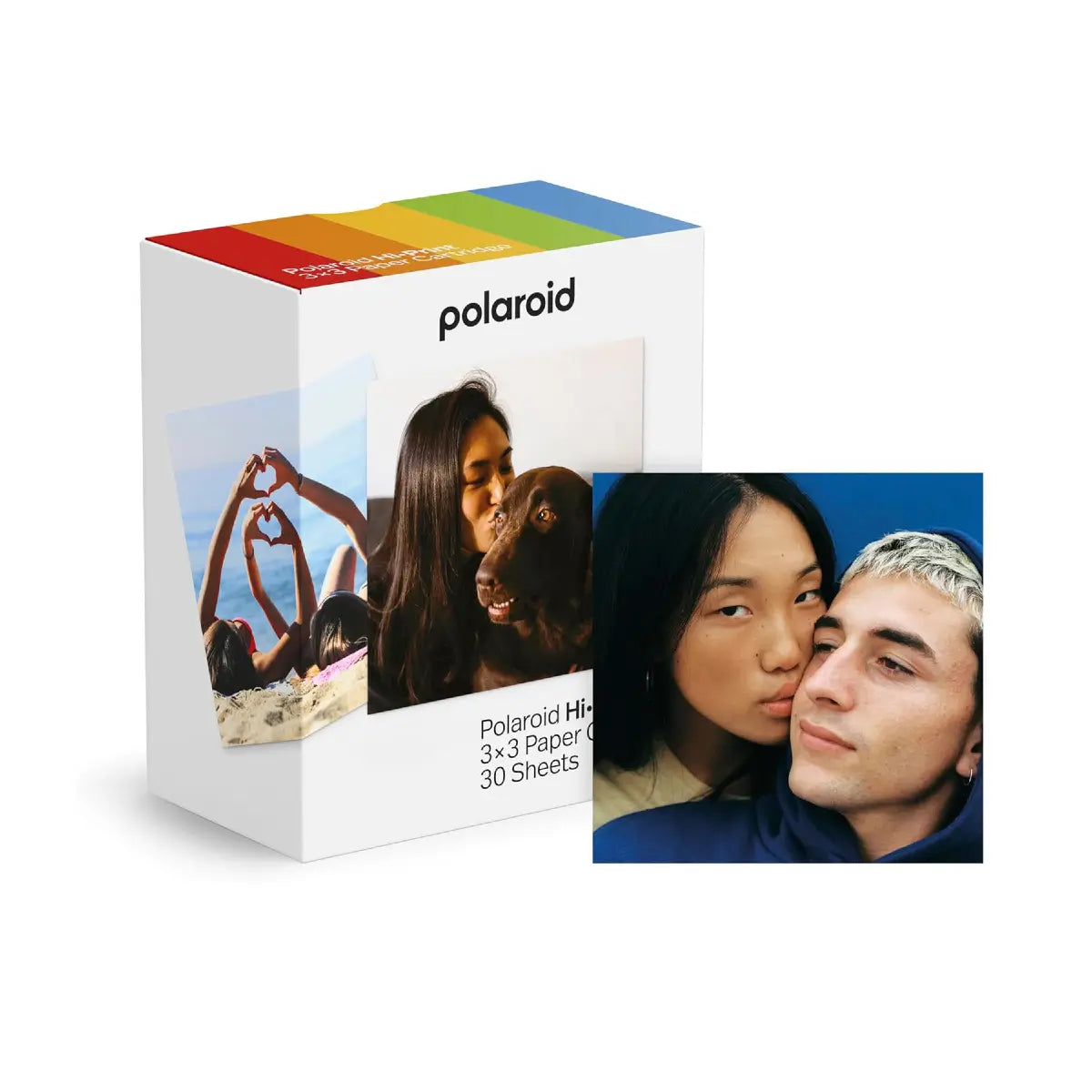 Polaroid photo paper packaging with images of people on a white background