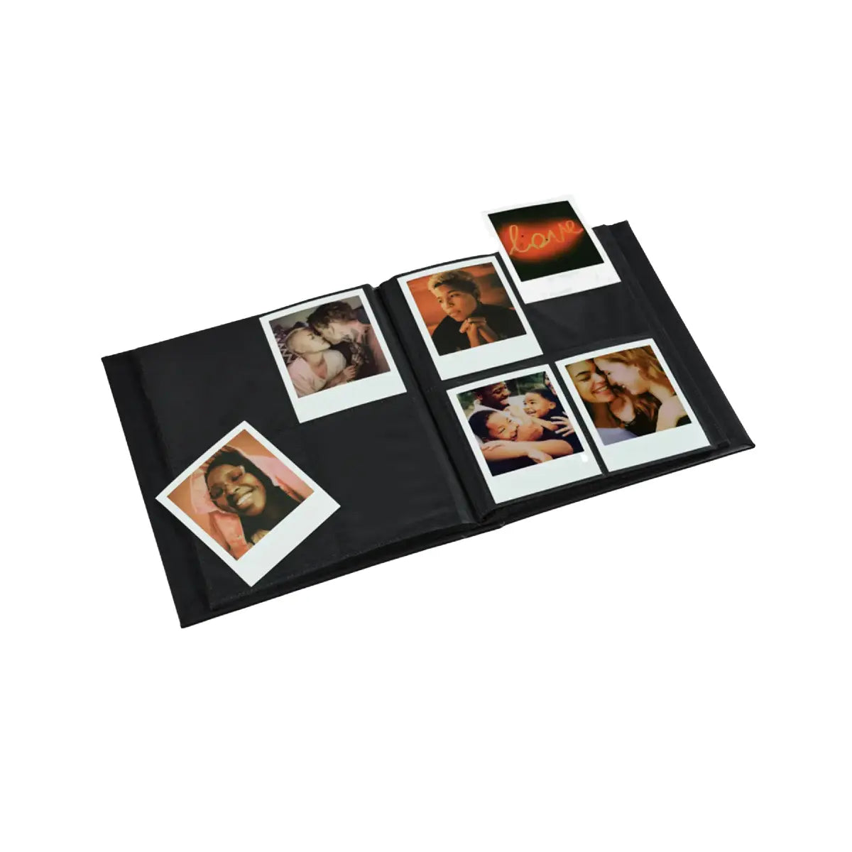 Open photo album with multiple Polaroid-style photos on a white background