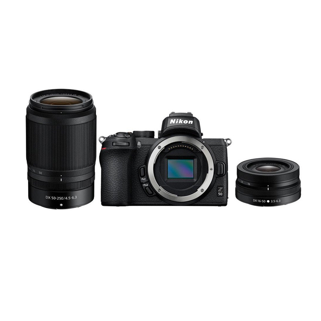 Refurbished Nikon Z50 + Nikkor Z DX 16-50mm + 50-250 VR front view of contents