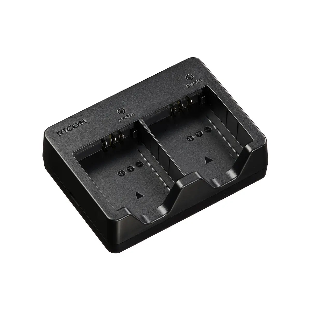 Black Ricoh battery charger on a white background