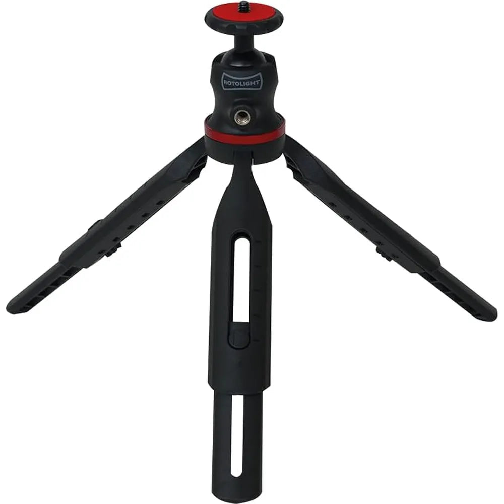 Black and red tripod with a swivel head on a white background