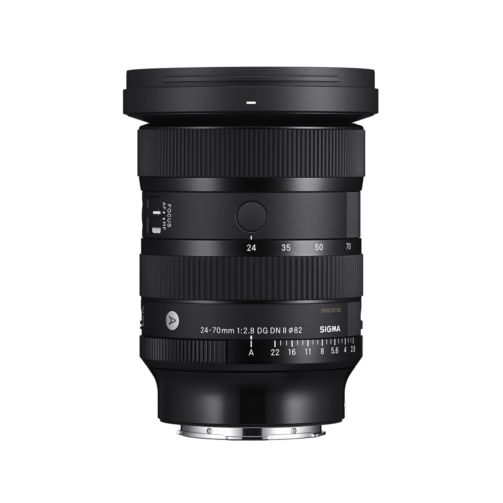 Sigma 24-70mm F2.8 DG DN II Art lens with L Mount, predominantly black with measurement markings and brand logo visible.