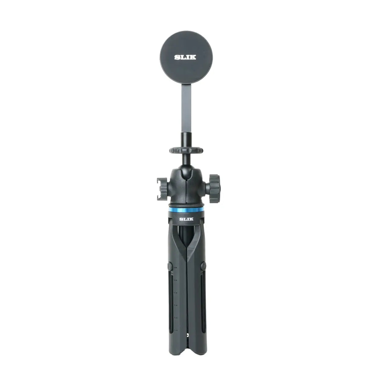 Black camera tripod with Slik branding on a white background