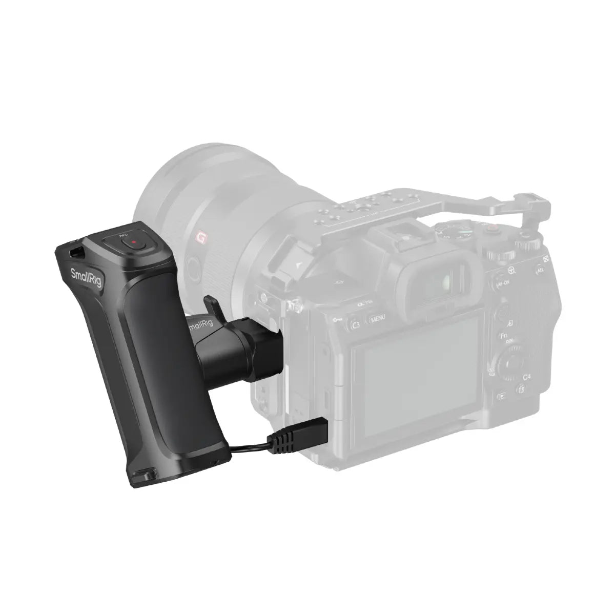 Camera with a black grip attached on a white background