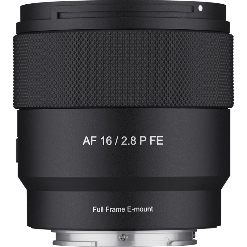 Camera lens with text 'AF 16/2.8 P FE' on a white background