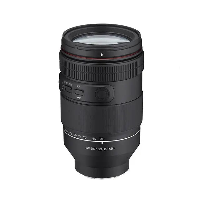 Camera lens with brand logo on a white background