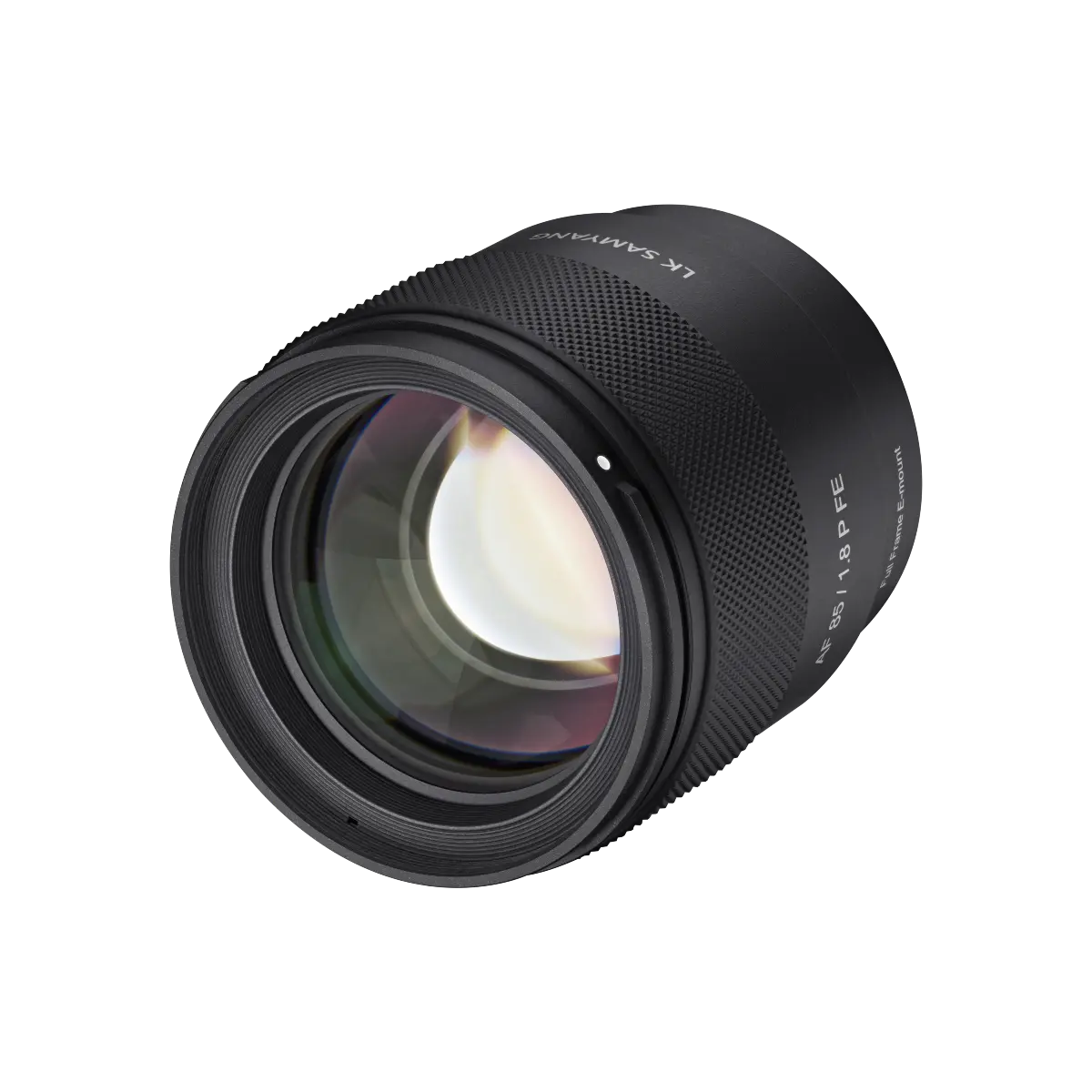 Camera lens with brand logo on a white background