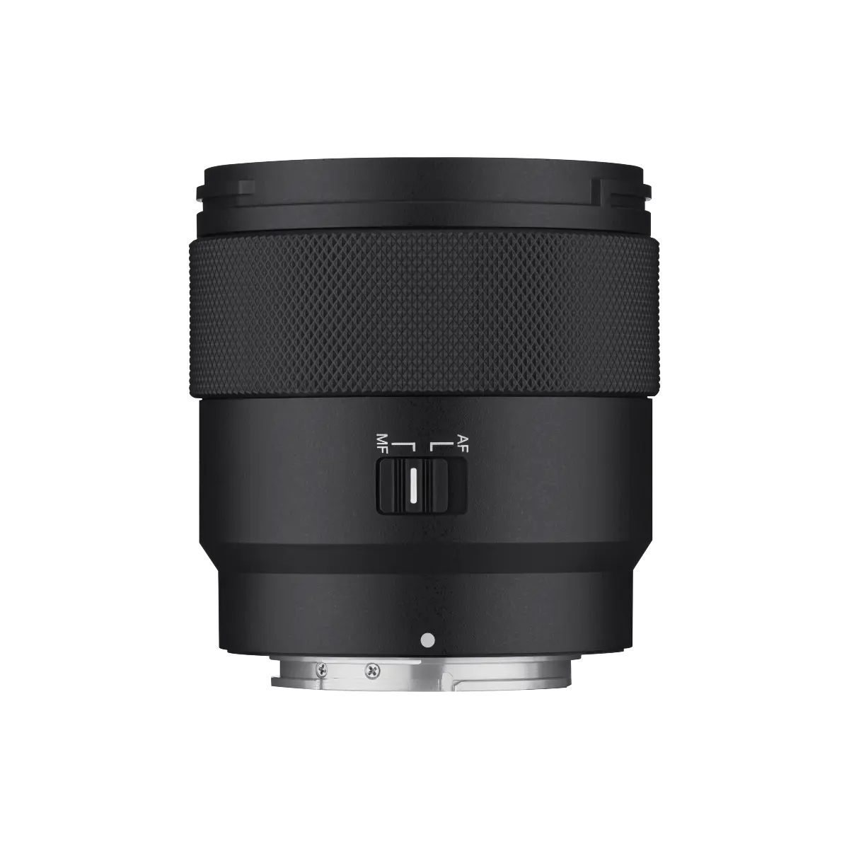 Black camera lens on a white background