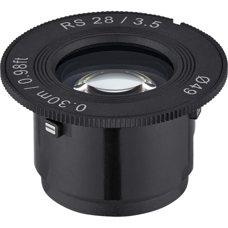Black camera lens with technical specifications on a white background