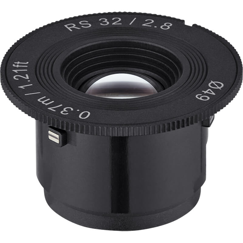Black camera lens with technical specifications on a white background