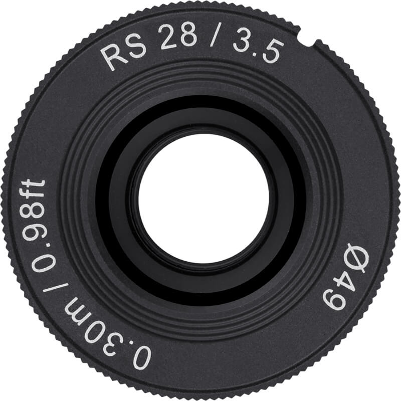 Black camera lens with text and measurements on a white background