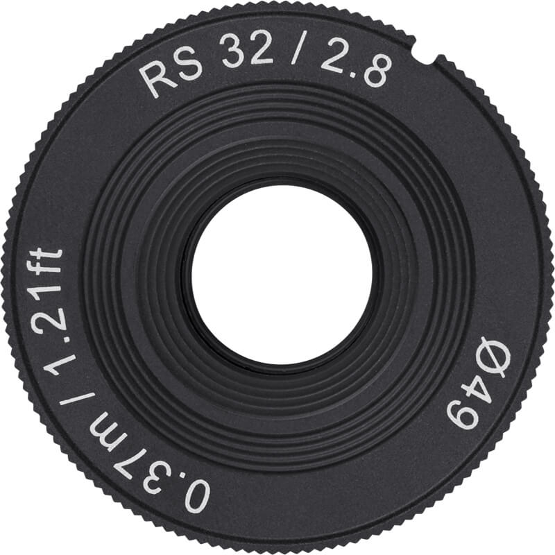 Black camera lens with text on a white background