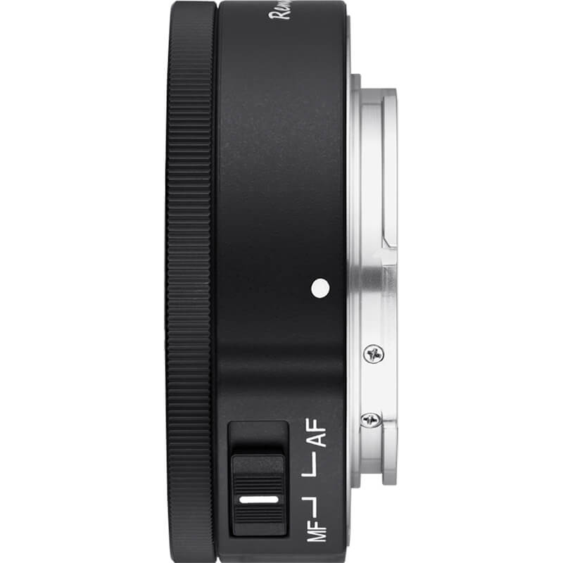 Camera lens mount with 'MF' and 'AF' switches on a white background