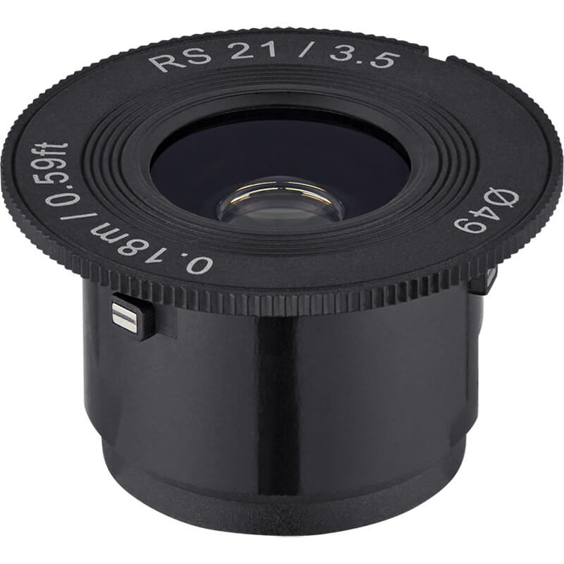 Black camera lens with technical specifications on a white background