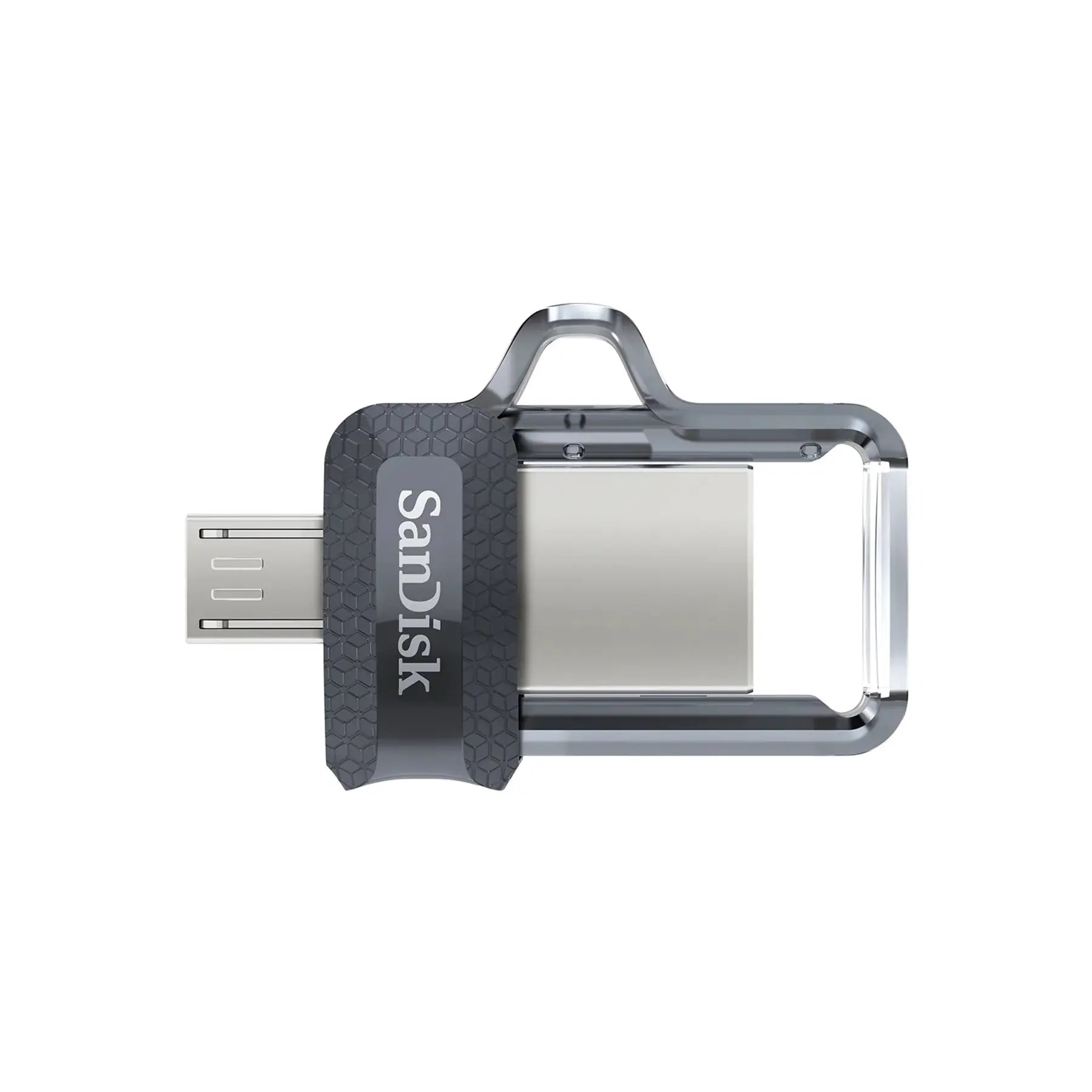 A SanDisk dual-USB OTG flash drive with a USB-C connector and a SIM card slot, featuring a dark textured grip and a silver metal body, shown on a plain white background.
