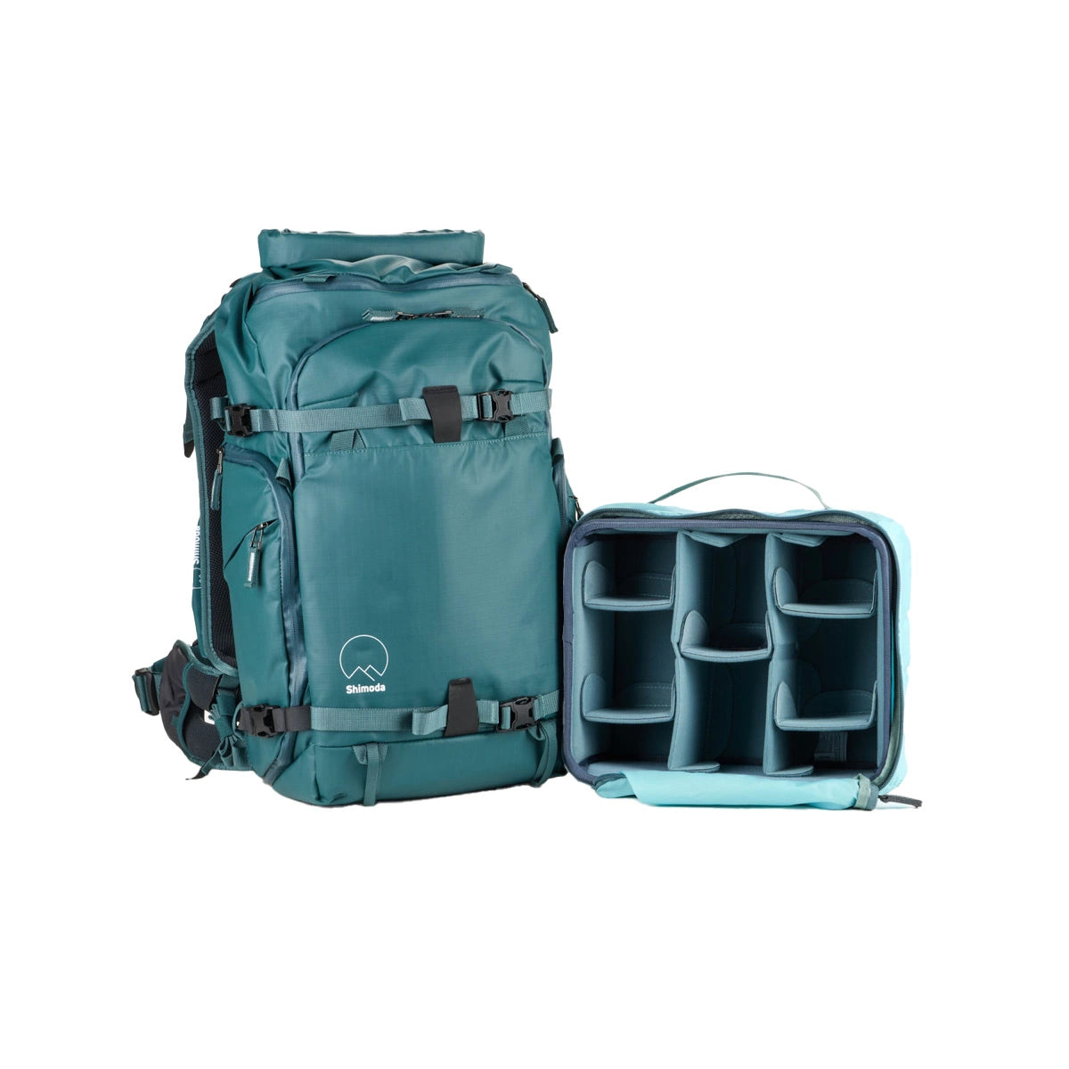 A teal outdoor backpack shown next to its matching zippered organizer pouch with internal foam compartments, photographed on a clean white background.