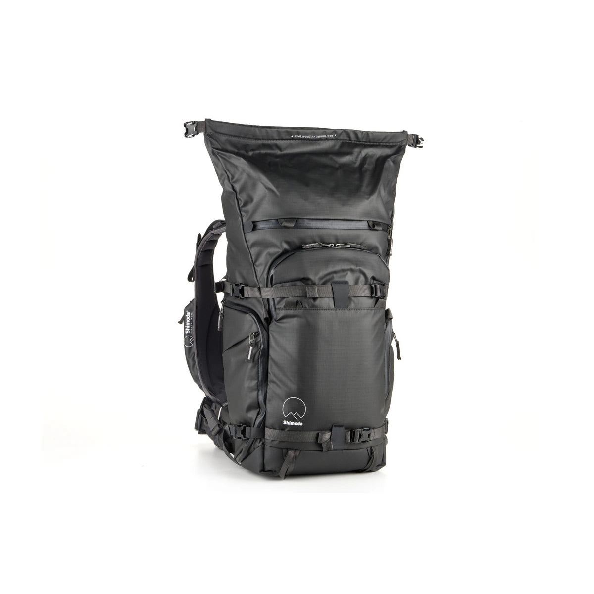 A black waterproof roll-top backpack with multiple zippered compartments and side pockets, shown from the front on a white background.