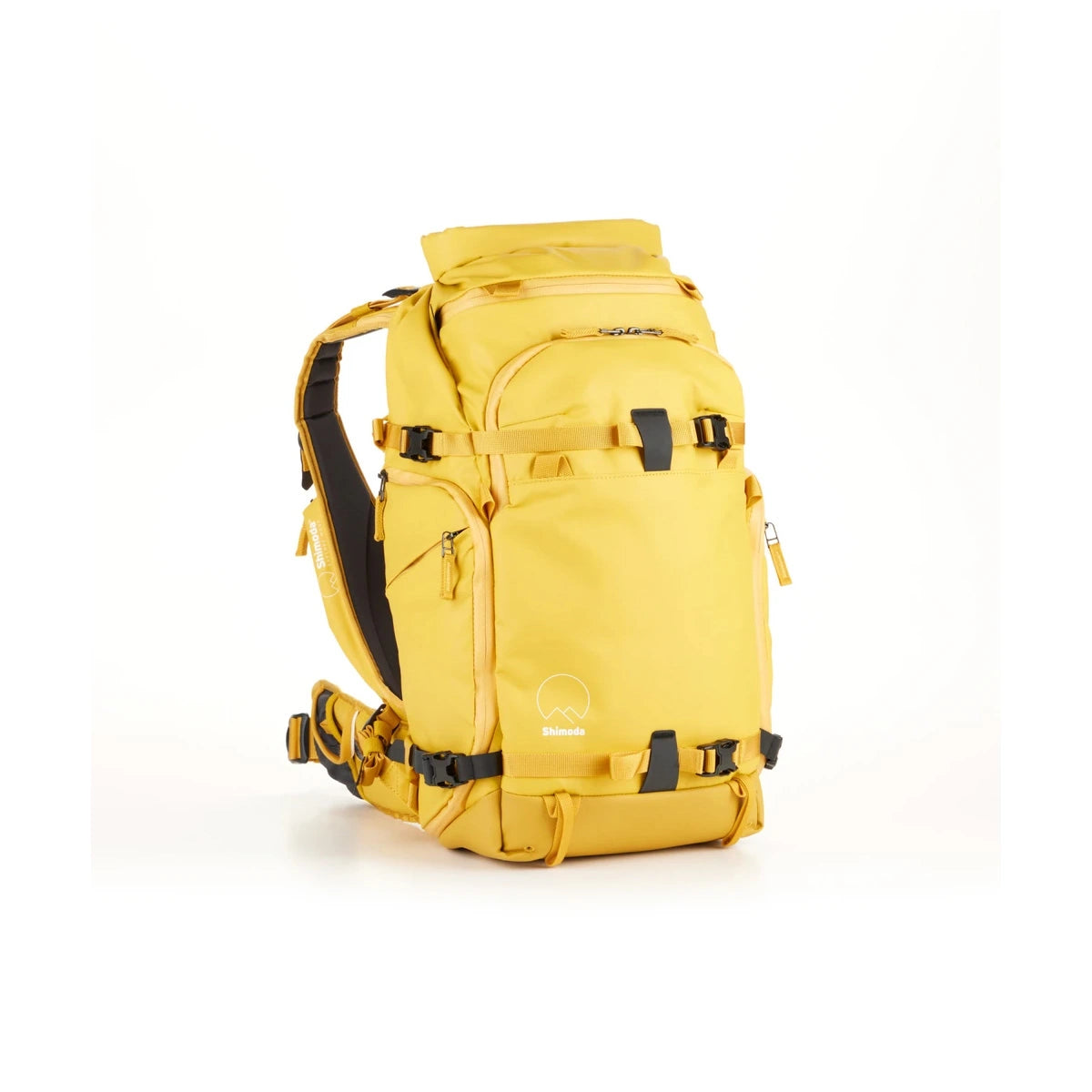A yellow technical backpack with black straps and buckles, shown from a three-quarters angle on a white background.