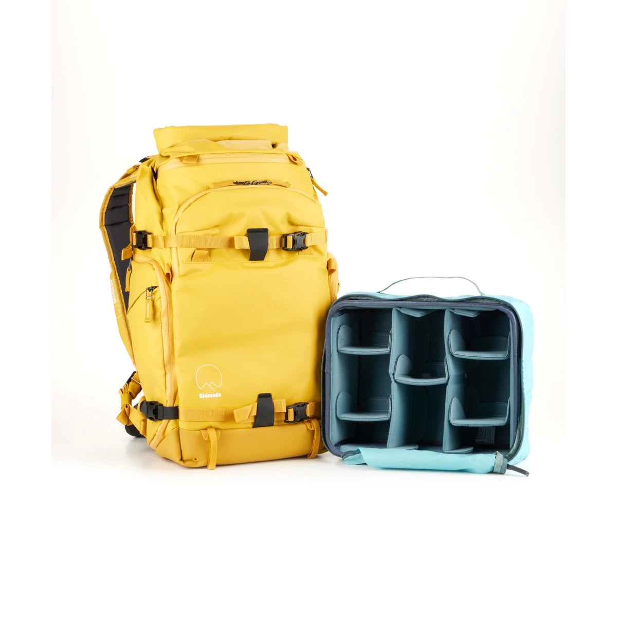 A yellow technical backpack shown next to its matching light blue foam organizer case on a clean white background.