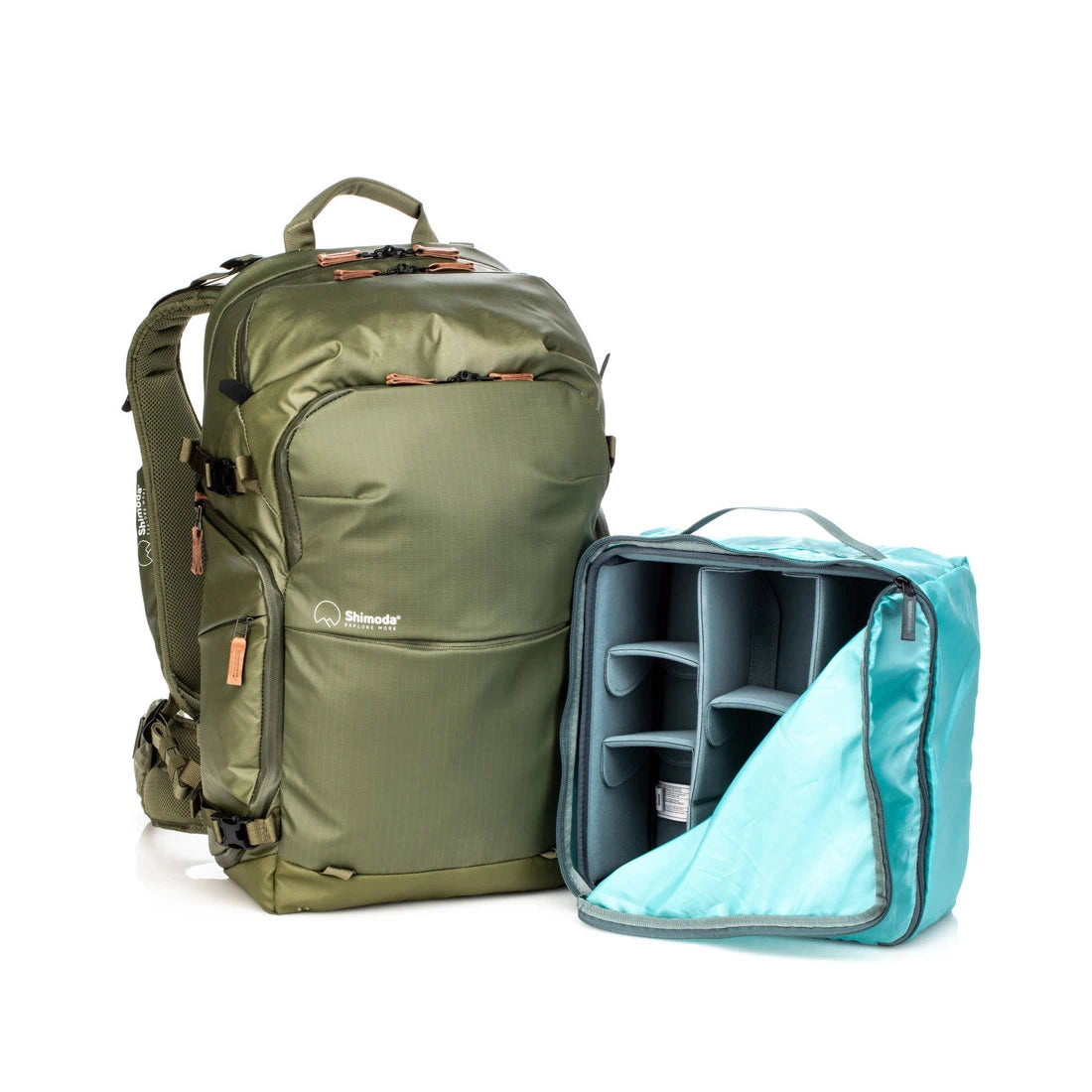 Green backpack and turquoise travel case on a white background
