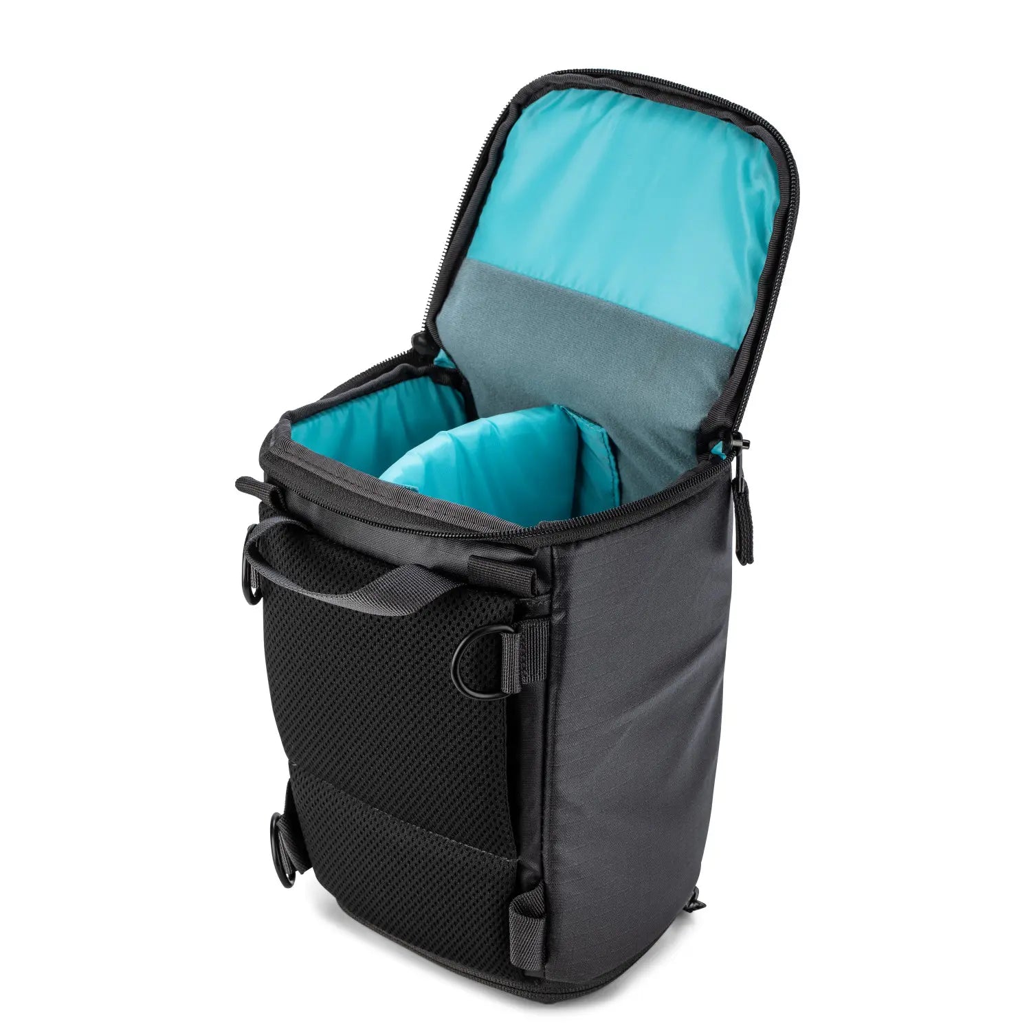 Black backpack with open front compartment showing teal interior on a white background