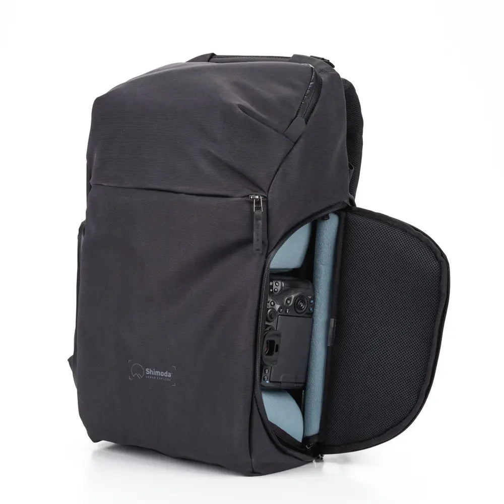 Black backpack with a visible Shimoda logo on a white background
