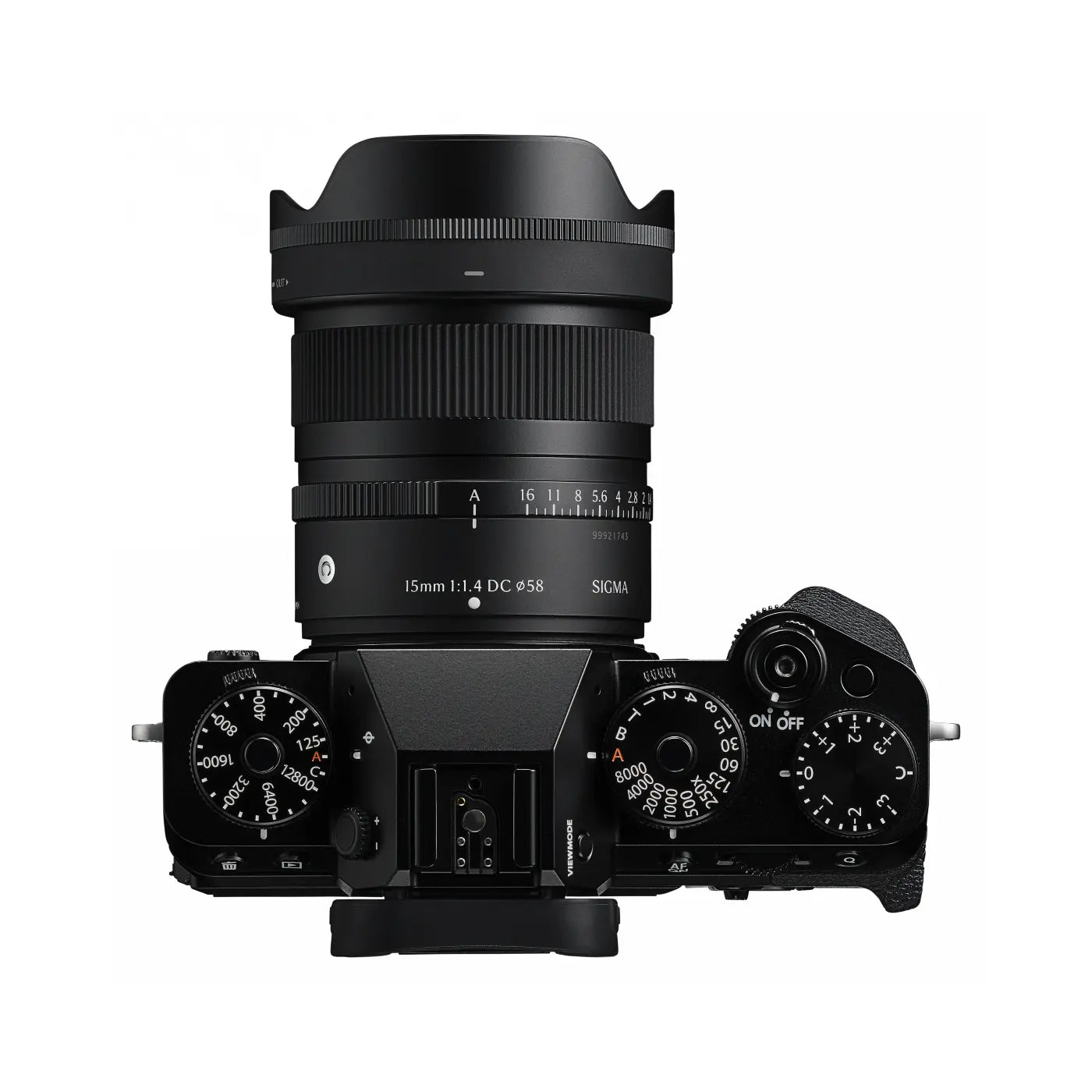 Black camera with lens on a white background