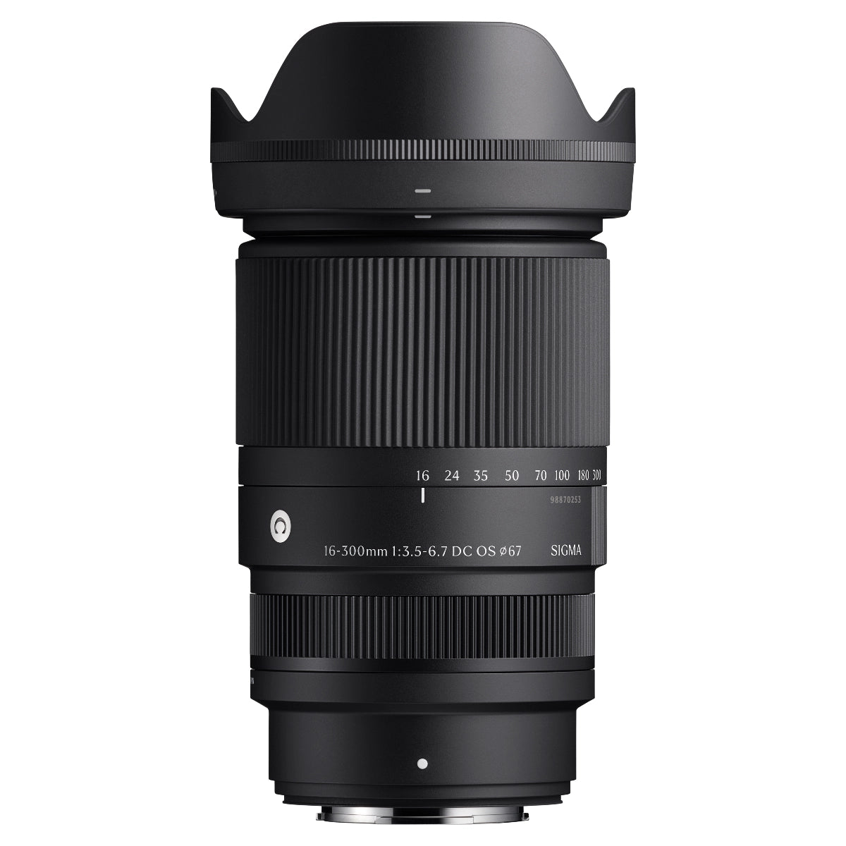 Sigma 16-300mm F3.5-6.7 DC OS Contemporary top angle with lens hood