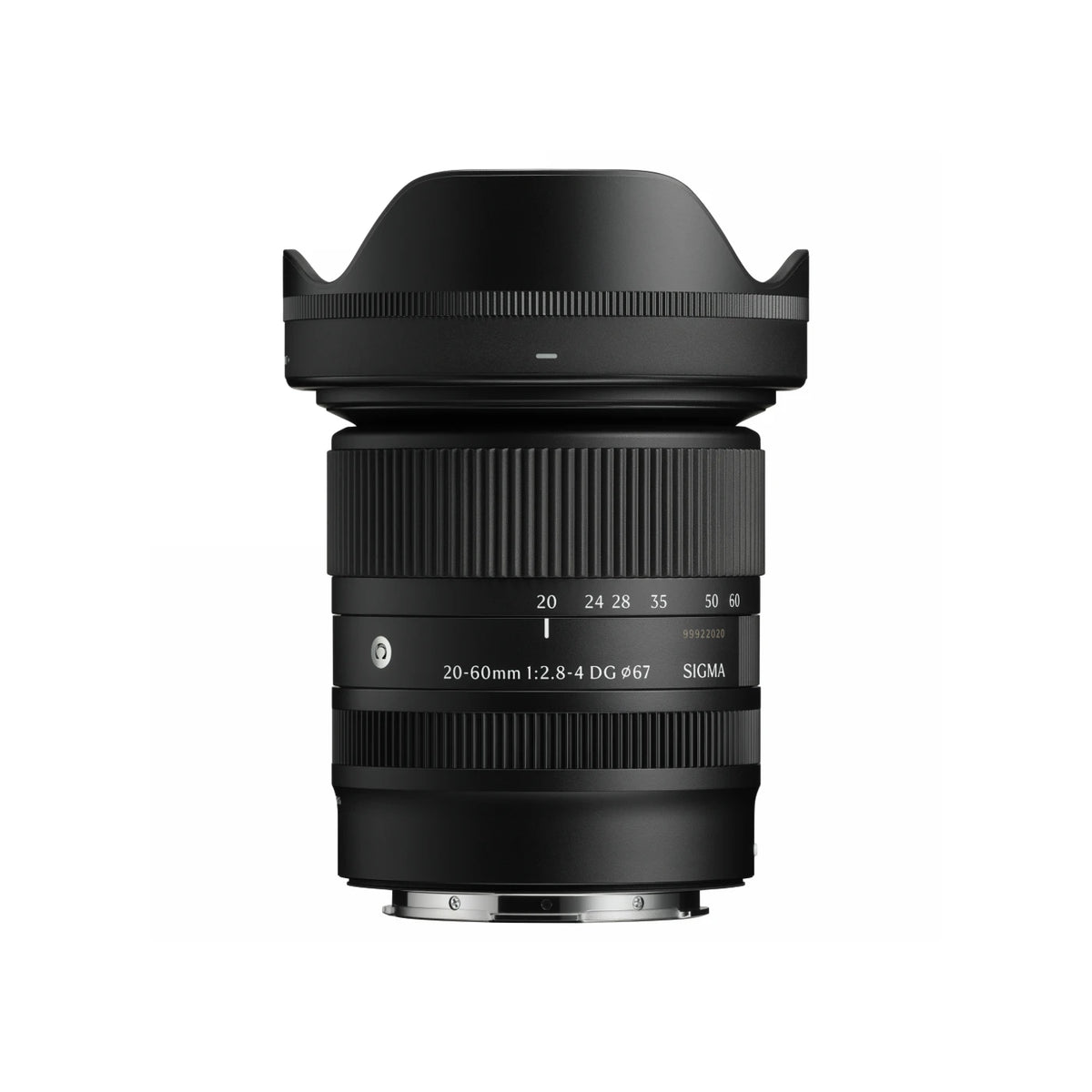 Sony 20-60mm f/2.8-4 DG lens with a black rubber lens hood, shown on a solid white background.