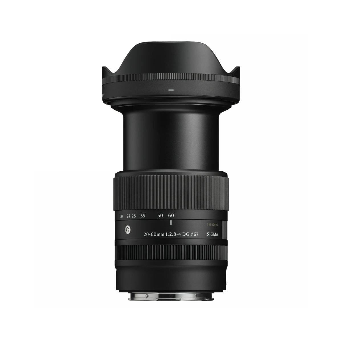 Sony Sigma 20-60mm f/2.8-4 DG lens in matte black with a petal-shaped lens hood, shown on a solid white background.