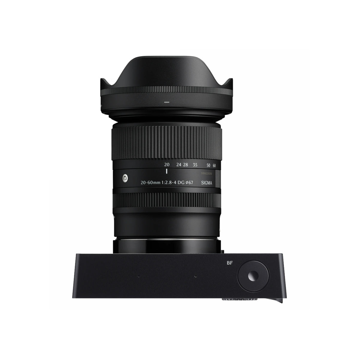 A black Sigma 20-60mm f/2.8-4 DG lens with a matching lens hood, shown mounted on a black battery charger against a solid white background.
