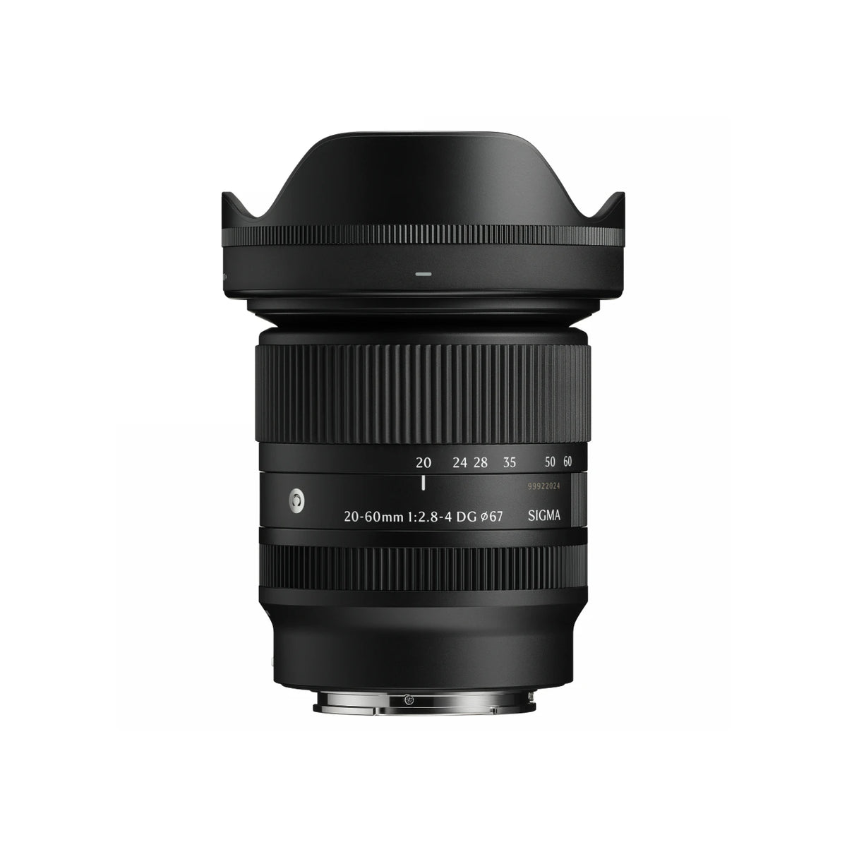 A Sigma 20-60mm f/2.8-4 DG lens with a black rubberized petal-shaped lens hood, shown against a solid white background.