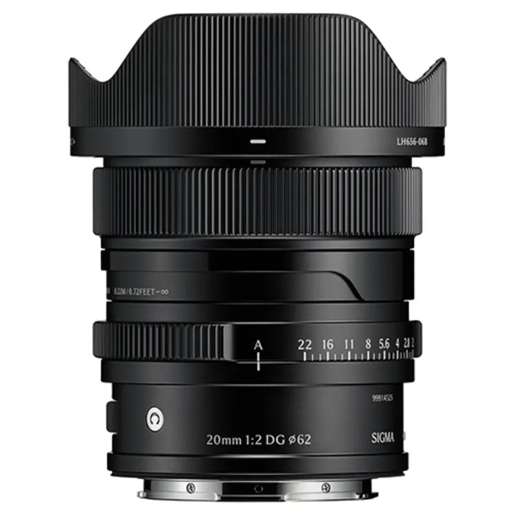Sigma 20mm F2 top with hood attached