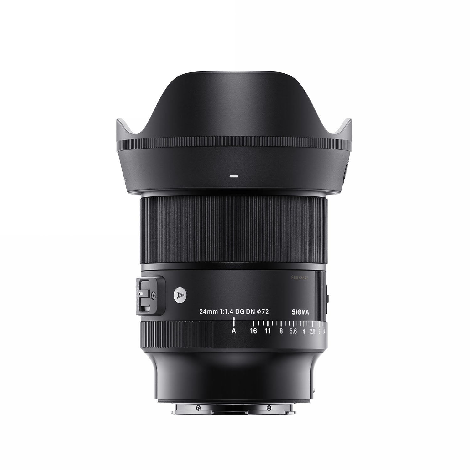 Sigma 24mm f1.4 DG DN Art Lens with Sony E Mount, black color, with a rubberized focus ring and a lens hood.