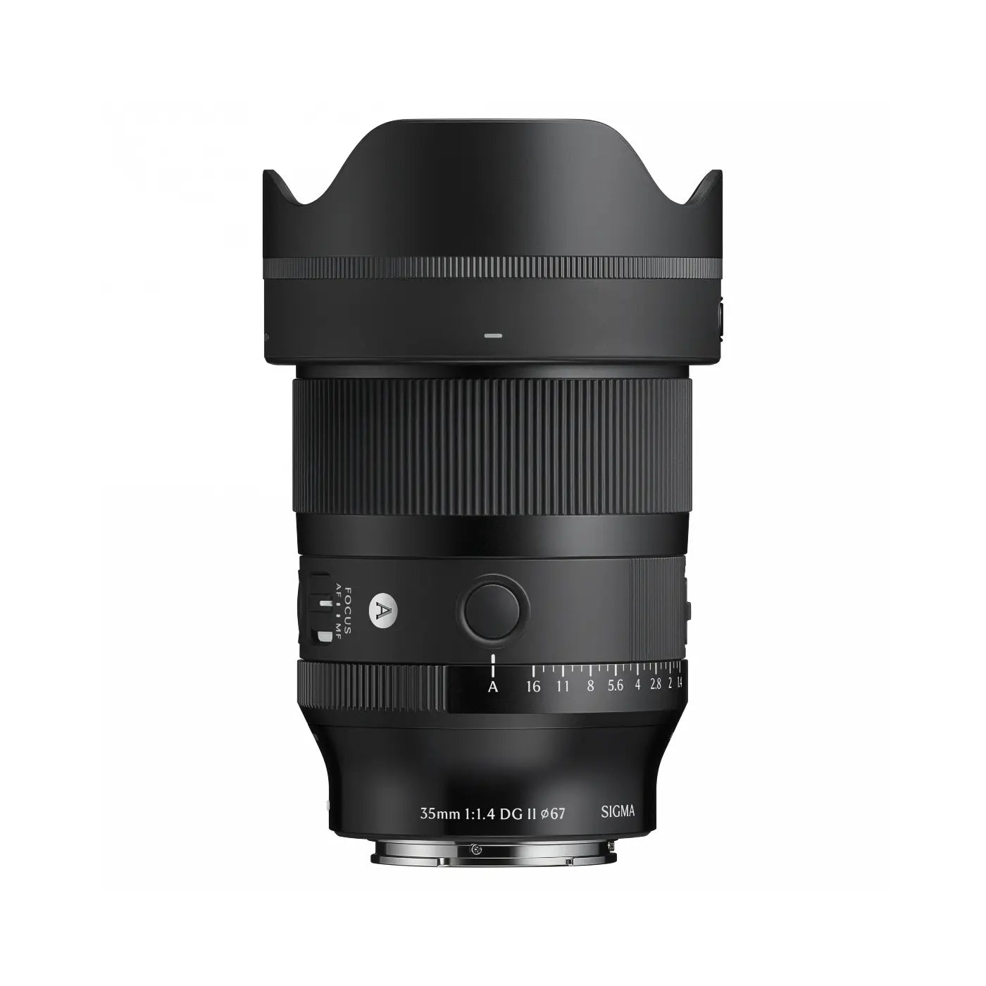 Black camera lens with Sigma branding on a white background