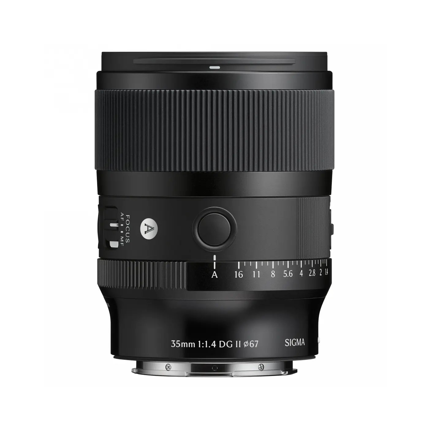 Black camera lens with visible branding on a white background