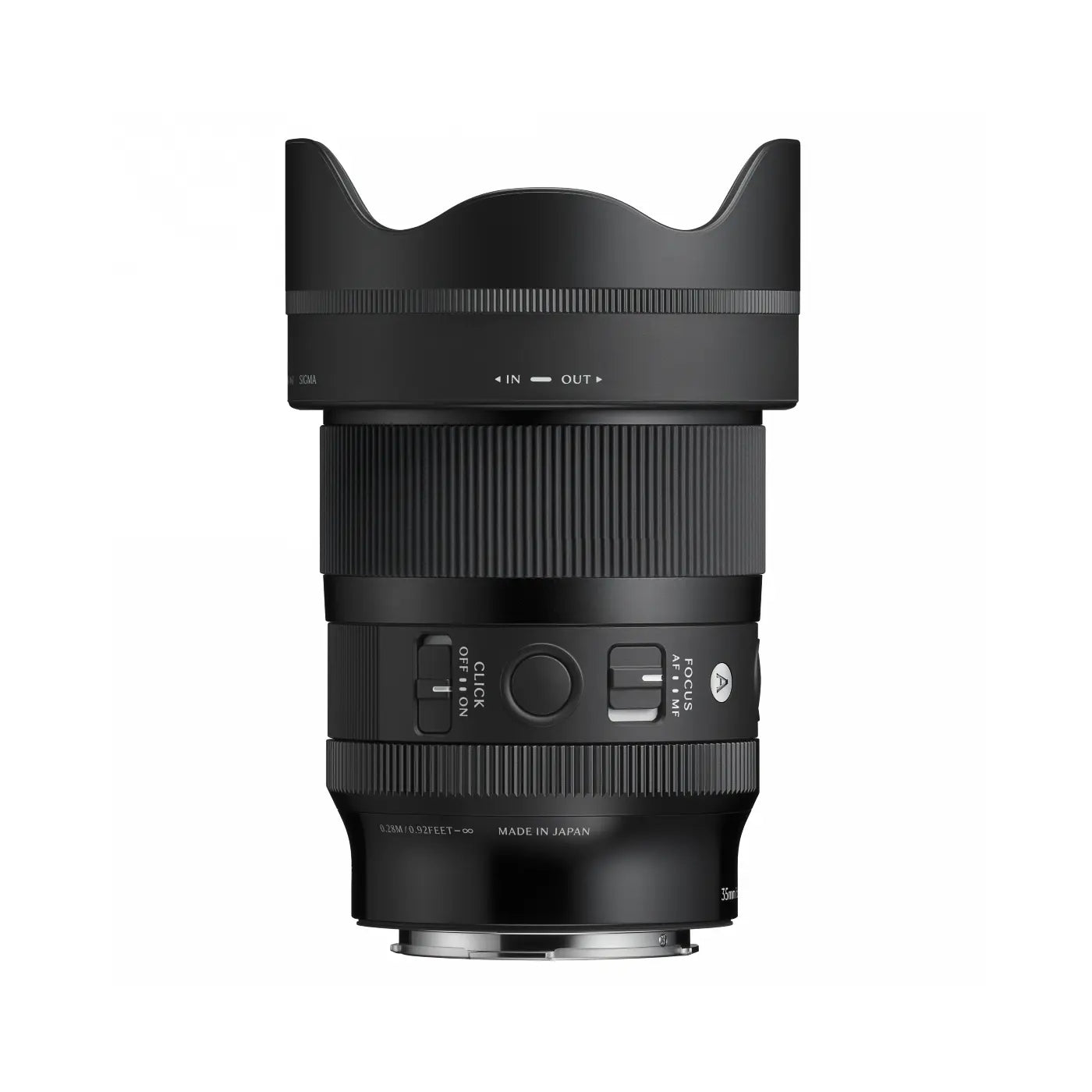 Camera lens with brand logo on a white background
