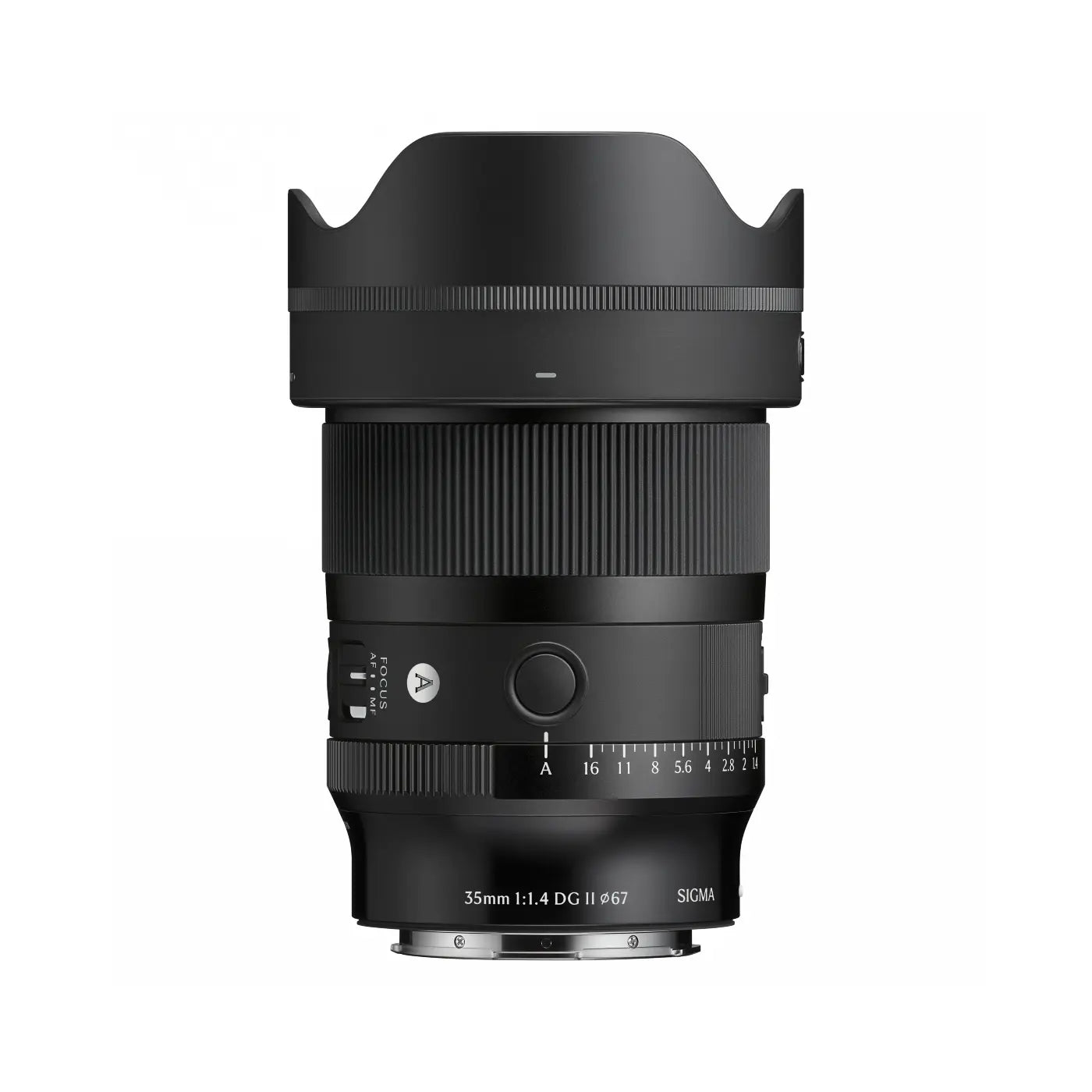 Black camera lens with Sigma branding on a white background