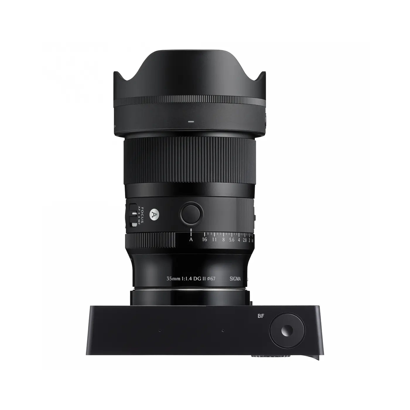 Camera lens with focus ring and brand logo on a white background